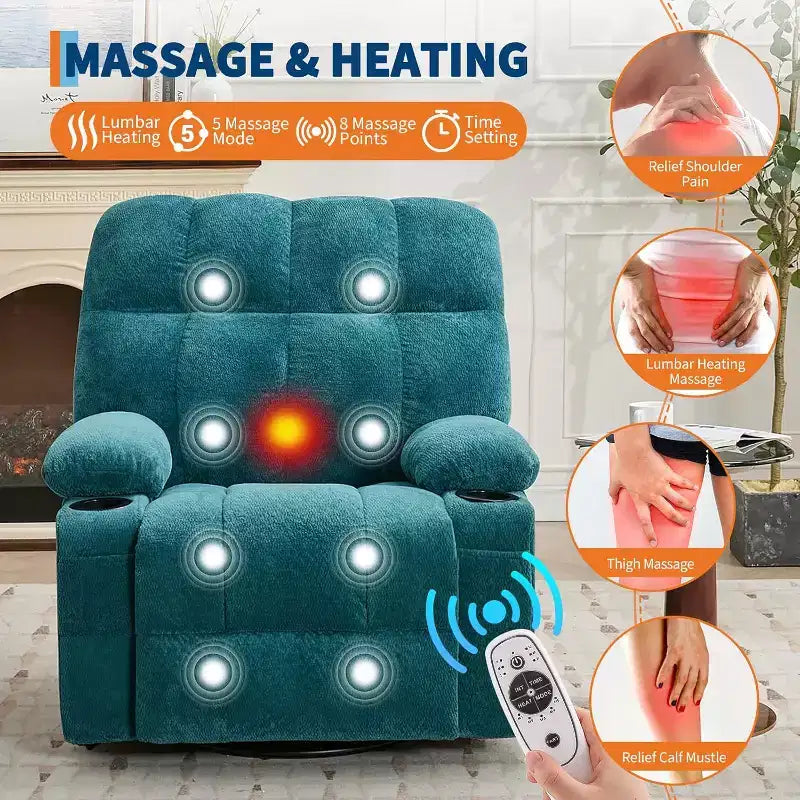 Fauteuil inclinable surdimensionné pour adultes, canapé berçant pivotant manuel, poches latérales et porte-gobelets pour personnes fortes et de grande taille, salon