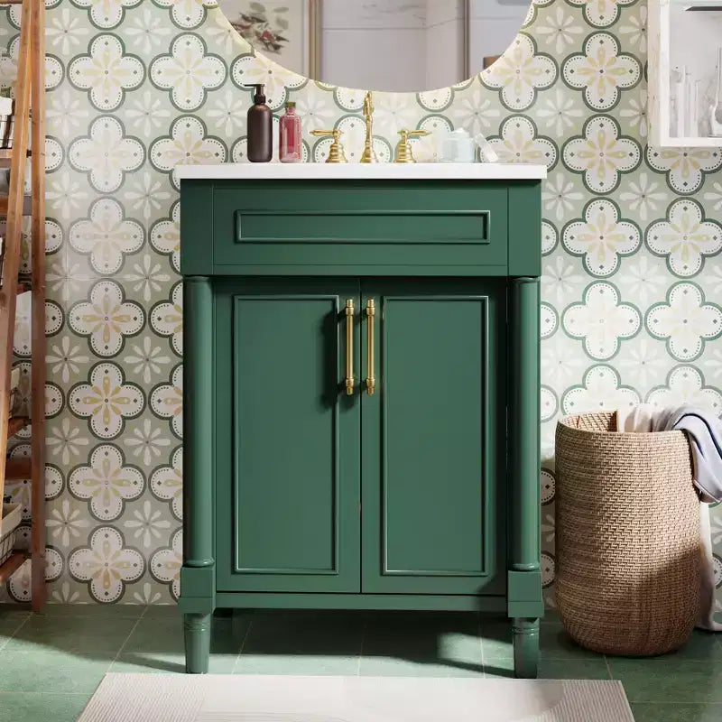 Meuble-lavabo de 24 po avec évier en céramique, armoire Shaker, 2 portes à fermeture amortie, cadre en bois massif pour petite salle de bain ou salle d'eau