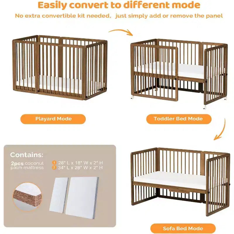 Lit convertible JOYMOR 8 en 1, incluant 2 matelas, se transforme en berceau, lit bébé intermédiaire, lit bébé pleine grandeur, lit de repos, lit d'enfant et parc.