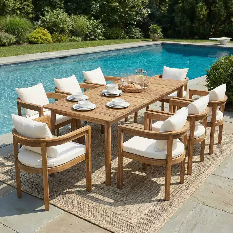 Ensemble de salle à manger d'extérieur rustique Christopher Knight Home Irene 9 pièces en bois d'acacia avec chaises à dossier incurvé et coussins