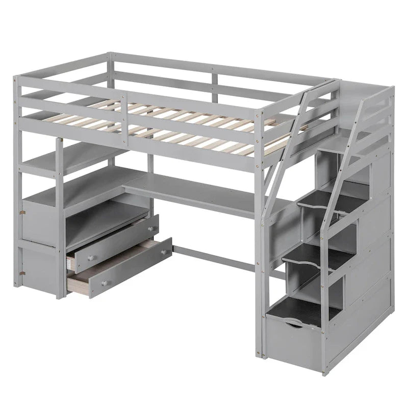 Lit mezzanine taille jumeau avec bureau et étagères, deux tiroirs intégrés, escalier de rangement