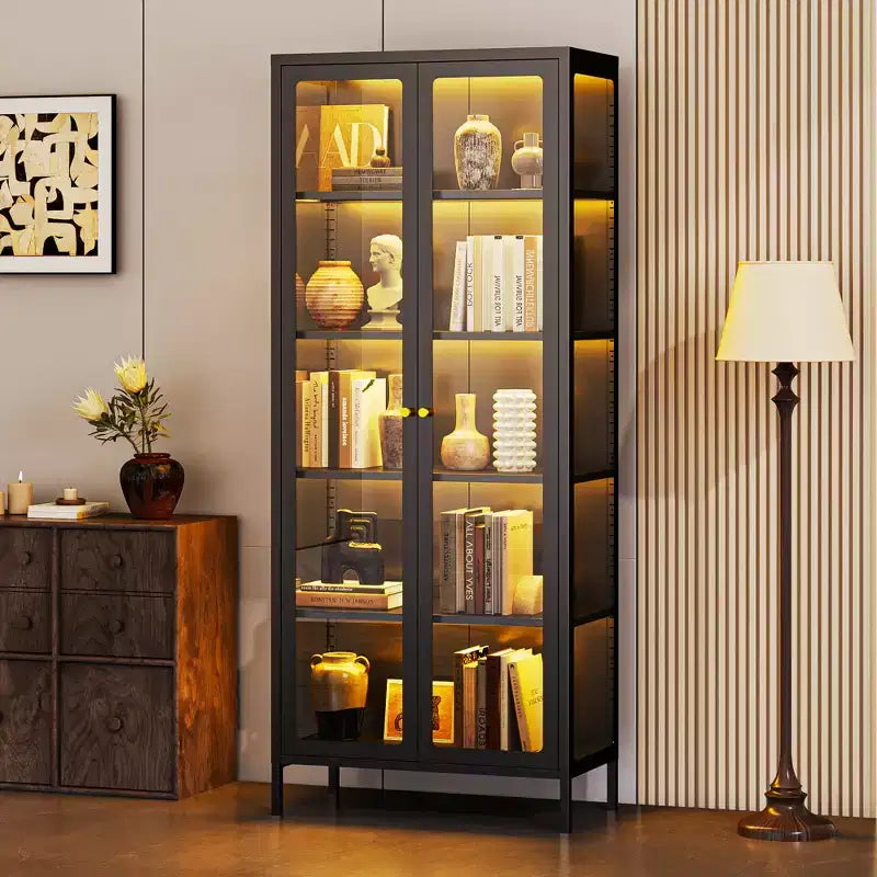 Bekrvio 67H Vitrine en Verre à 3 Côtés avec Lumières LED, Rangement à 5 Niveaux avec Double Porte et Cadre Métallique pour Objets de Collection, Idéale pour les Petits Espaces