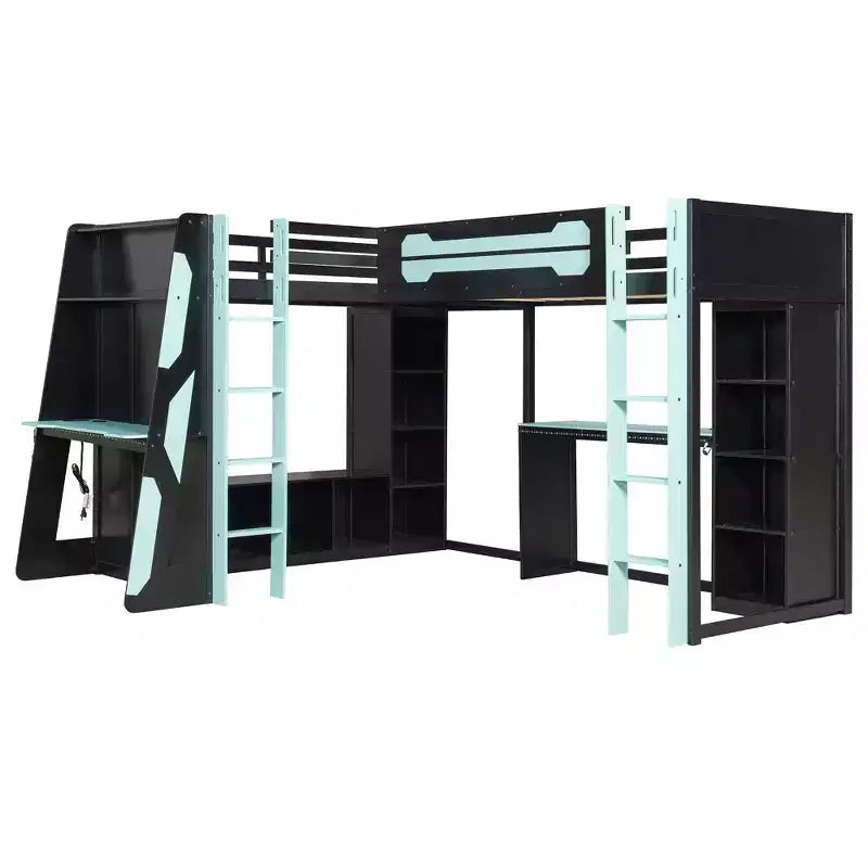 Lit mezzanine de jeu en L avec bureaux, lits superposés doubles avec lumières LED, ports USB, étagères de rangement, lit mezzanine d'angle en bois pour 2 personnes