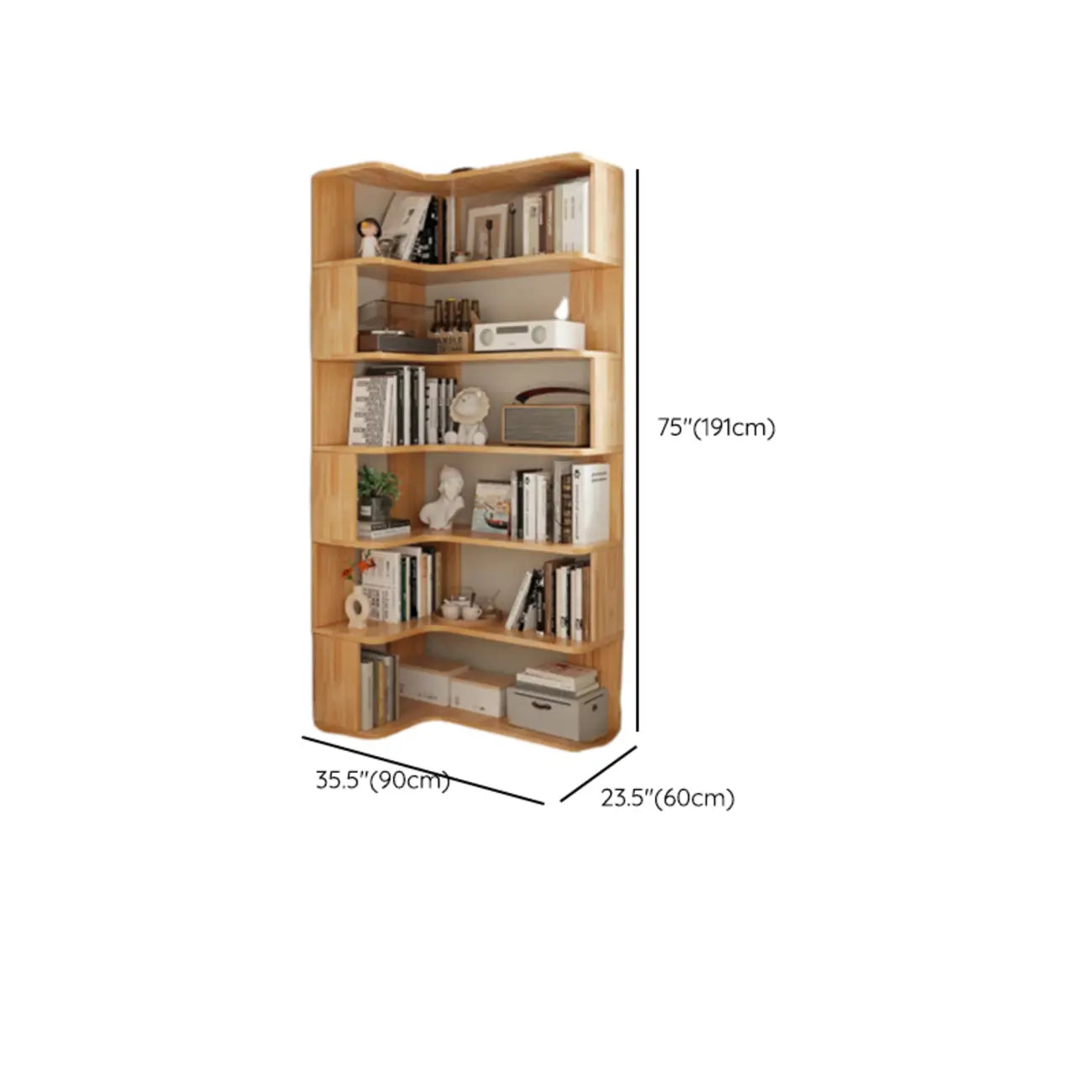 Bibliothèque verticale en bois en L à dos ouvert, finition naturelle