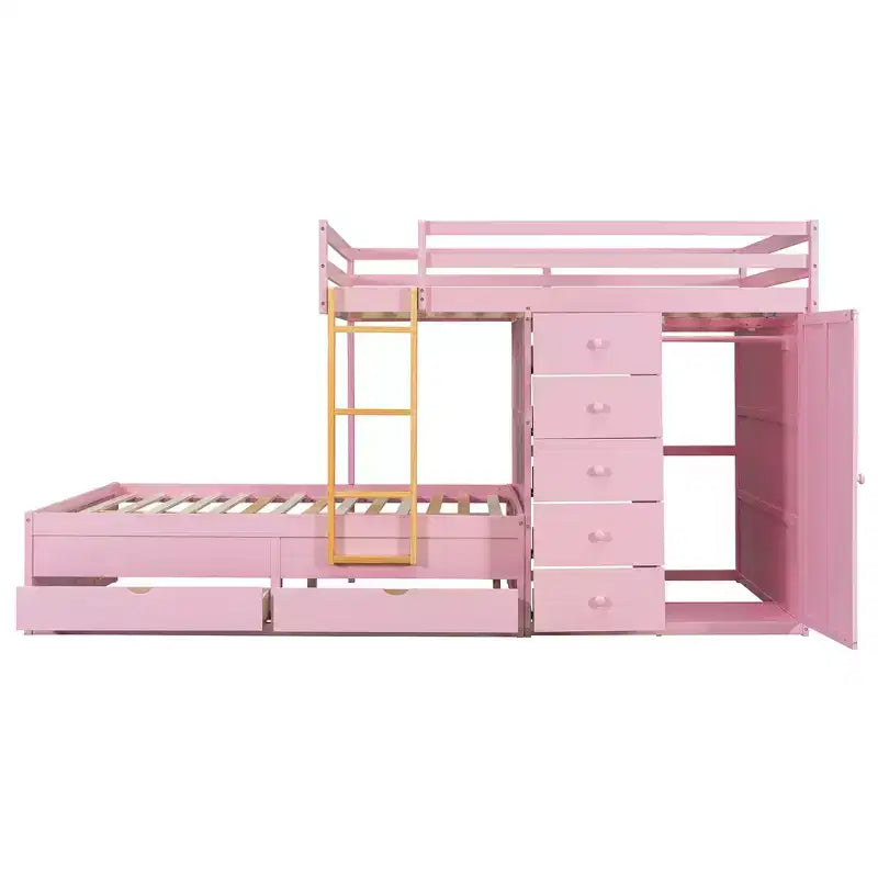 Lit superposé double sur double avec armoire de rangement et tiroirs, lit superposé double en bois peu encombrant avec garde-corps pour appartement, chambre à coucher
