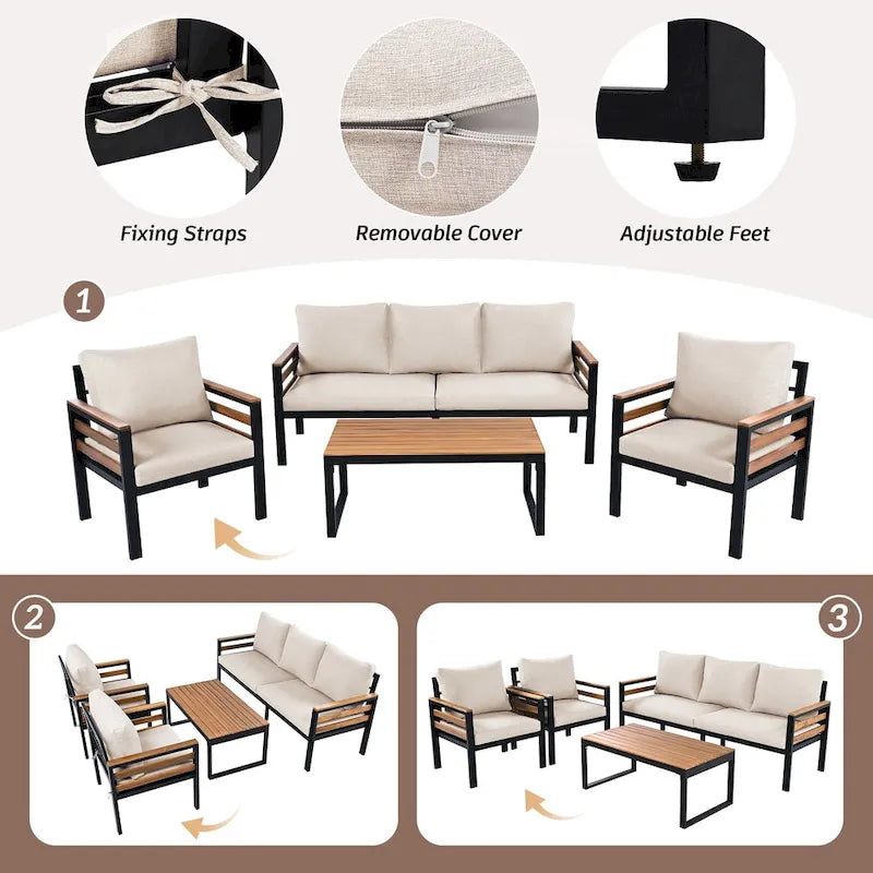 Ensemble de canapés d'extérieur 4 pièces pour 5 personnes avec table basse en bois massif et coussins amovibles