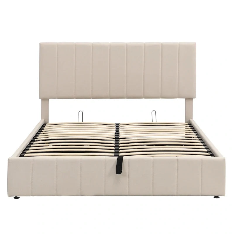 Lit plateforme rembourré Queen avec système de rangement hydraulique - Beige