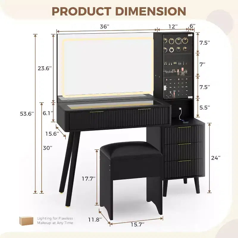Coiffeuse de maquillage cannelée de 48 pouces avec grand miroir et lumières, coiffeuse de maquillage moderne avec station de charge et tabouret de rangement rembourré pour la maison