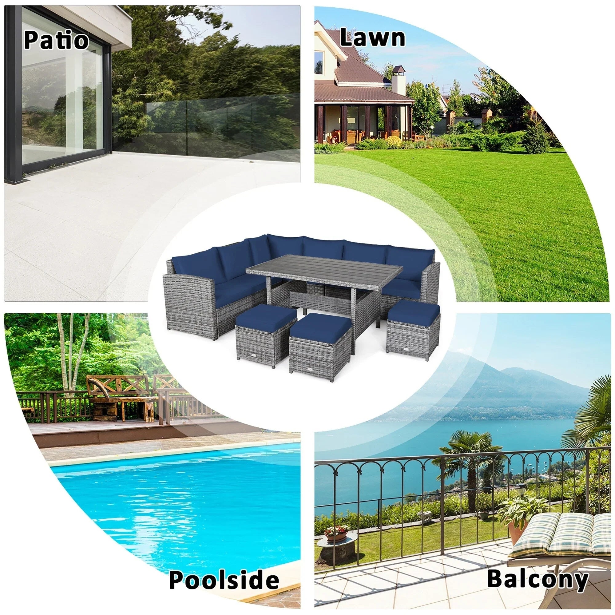 Ensemble de salle à manger Costway 7 pièces en rotin pour terrasse, canapé sectionnel et pouf - Voir détails