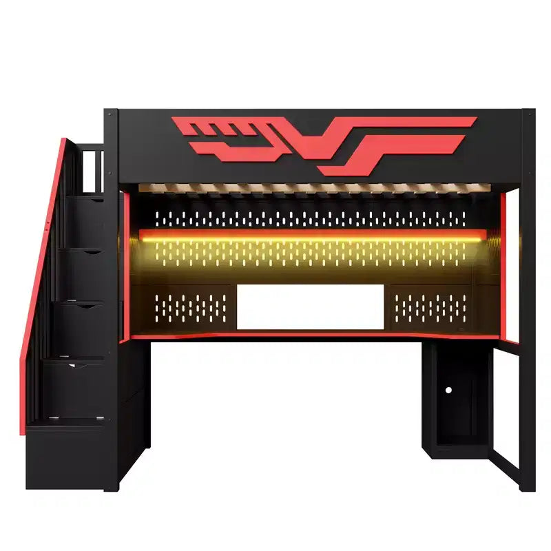 Lit mezzanine pleine grandeur pour gamer avec bureau et lumière LED, lit surélevé pleine grandeur en bois avec escalier de rangement et USB, rouge + noir