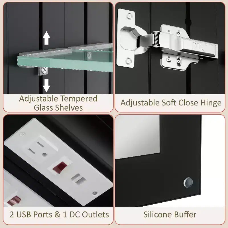 Armoire de toilette avec miroir LED, montage en saillie ou encastré, lumière dimmable, anti-buée, étagères réglables