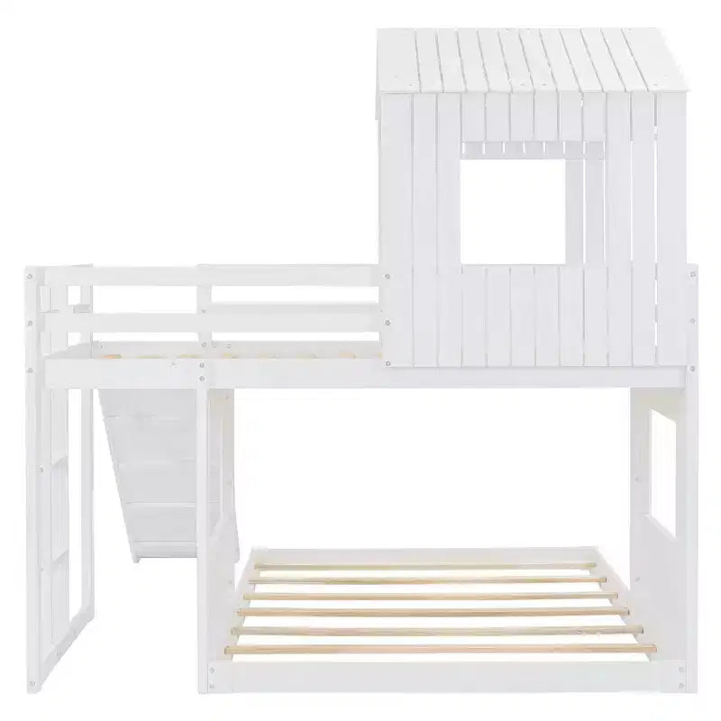 Lit superposé en bois Luxystar avec maisonnette, toboggan et barrières de sécurité, double sur grand lit