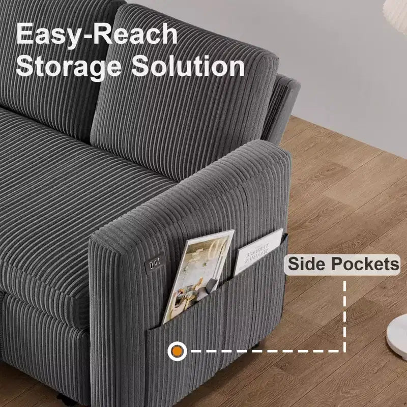 Canapé-lit Dyonery 2-en-1 avec méridienne de rangement, canapé sectionnel en velours côtelé avec ports USB pour salon