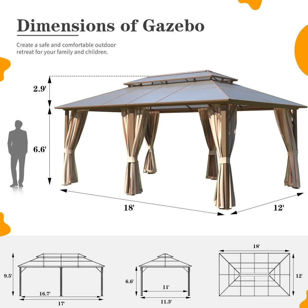 Tonnelle EROMMY à toit rigide, pergola extérieure avec double toit, moustiquaire et rideaux, auvent robuste pour patio, jardin, fête au bord de la piscine