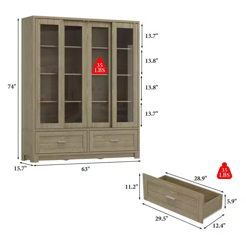 Bibliothèque-vitrine Famapy Chêne Clair : 63cm de large, Portes Coulissantes en Verre + Tiroir de Rangement Organisateur Spacieux pour Bibliothèques à Domicile et Salons