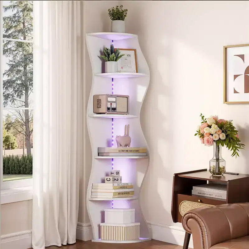 VECELO Étagère d'Angle Onde à 5 Niveaux, Étagère de Rangement Verticale Haute pour Petits Espaces et Salon, Blanche