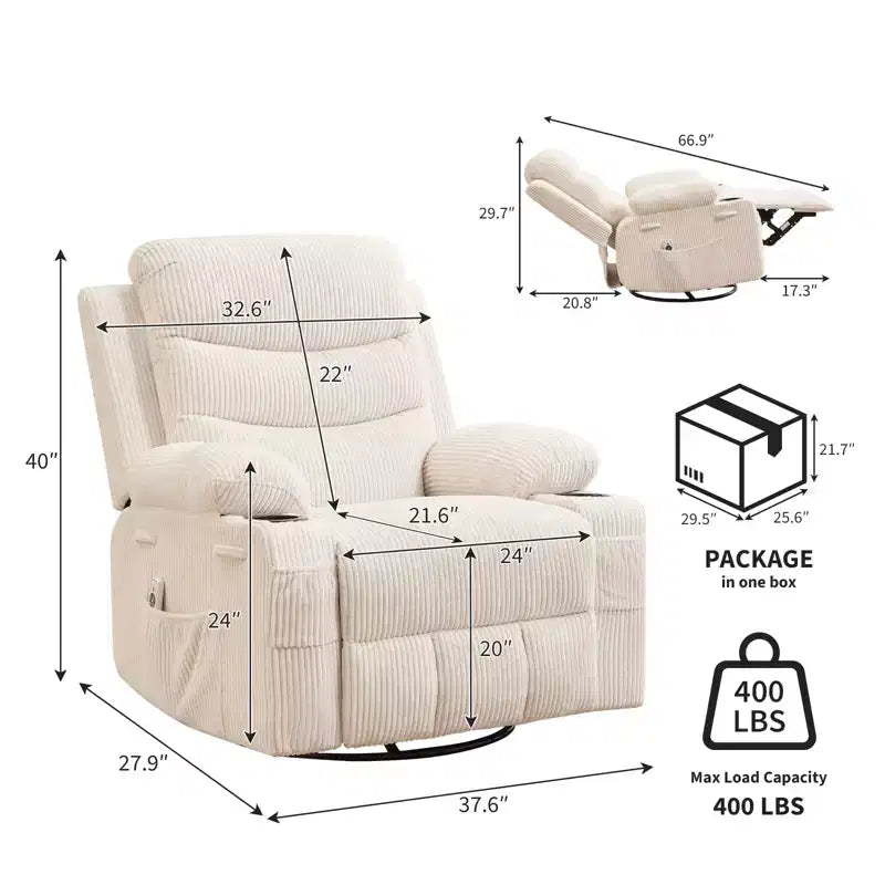 Fauteuil Inclinable Pivotant avec Massage et Chaleur, Fauteuil à Bascule 360° avec Porte-Gobelets et Poches Latérales, Canapé Ergonomique pour Salon, Camping-car, Chambre de Bébé