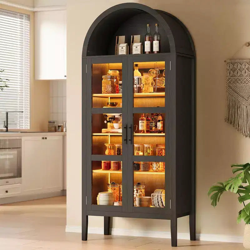 Meuble de rangement, Noir/Blanc, Style Arqué, Simple, 71 po de hauteur avec lumières DEL et portes vitrées