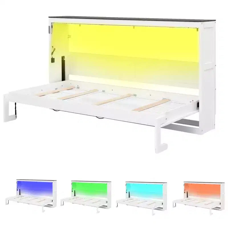 Lit escamotable double avec éclairage LED, peut être plié en armoire, armoire-lit murale dissimulée pour chambre d'amis