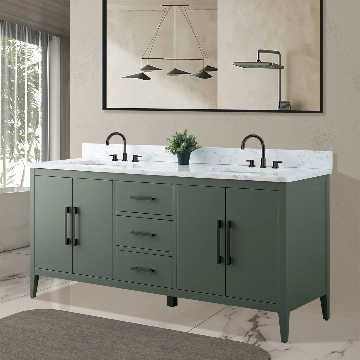 Meuble-lavabo de salle de bain Vanity Art 72 po à double vasque avec dessus en marbre reconstitué