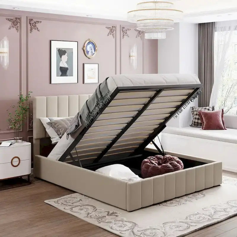 Lit plateforme rembourré Queen avec système de rangement hydraulique - Beige