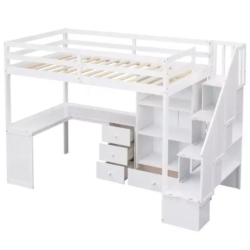 Lit mezzanine une place avec bureau en L, 3 tiroirs, placard, rangements intégrés dans l'escalier, en pin massif/MDF