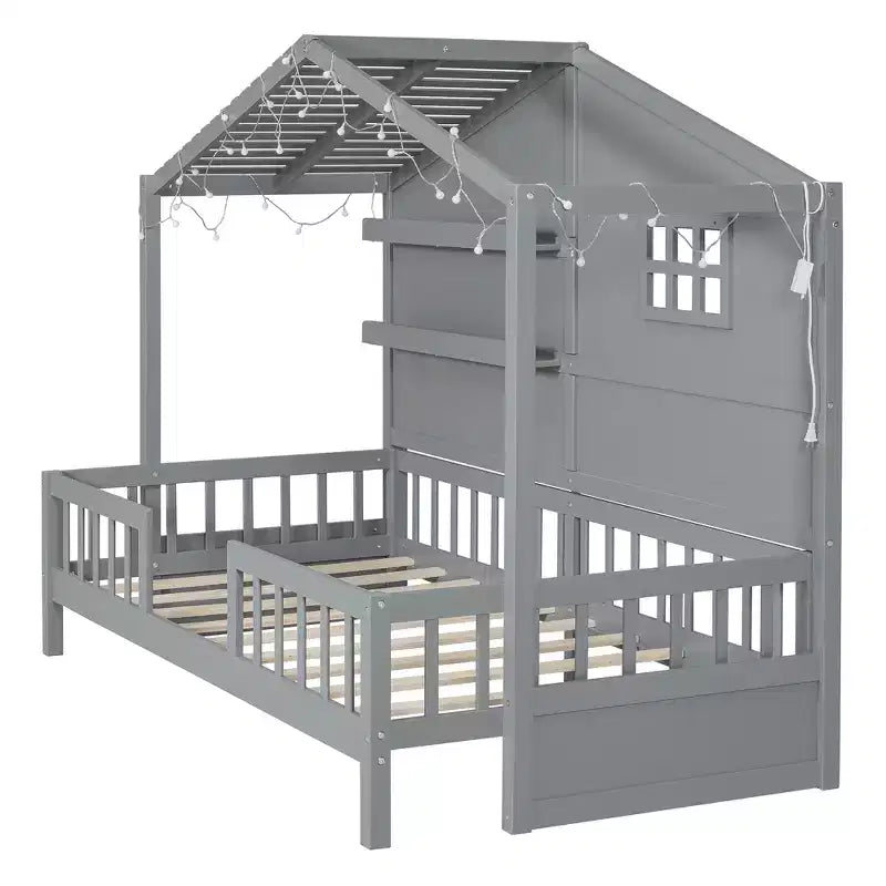 Lit cabane double avec étagères de rangement et barrières, cadre de lit Montessori en bois pour enfants avec fenêtre et bande lumineuse scintillante