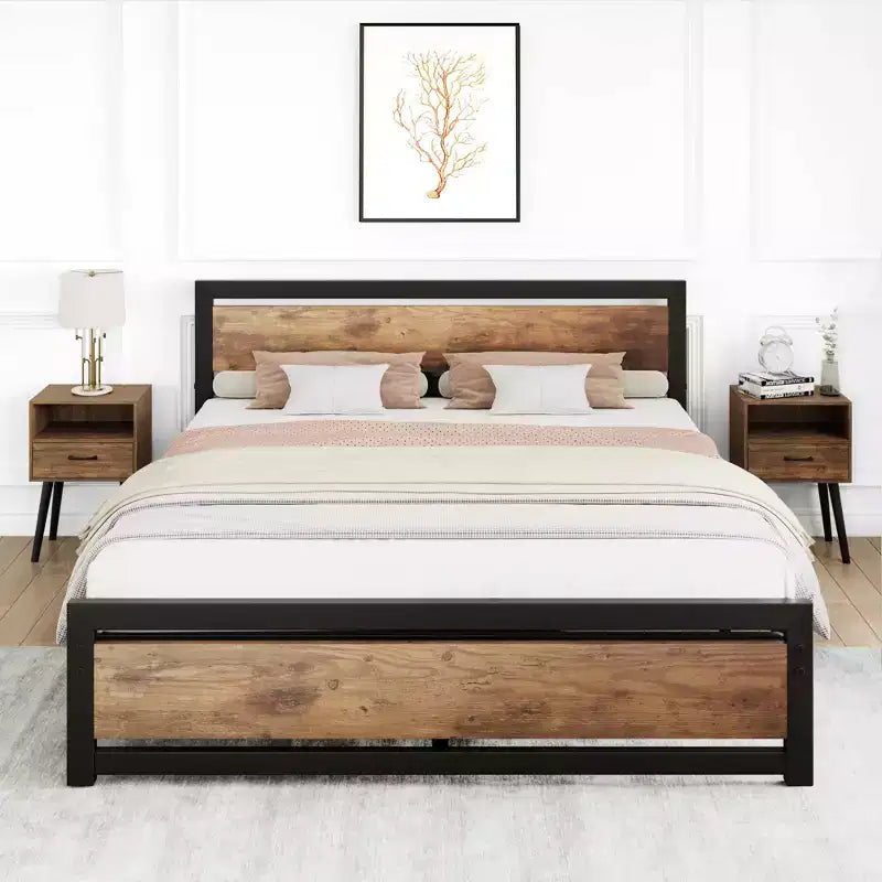 Cadre de lit robuste avec tête et pied de lit, plateforme métallique avec rangement de 35 cm, sans bruit et assemblage sans outils, marron vintage