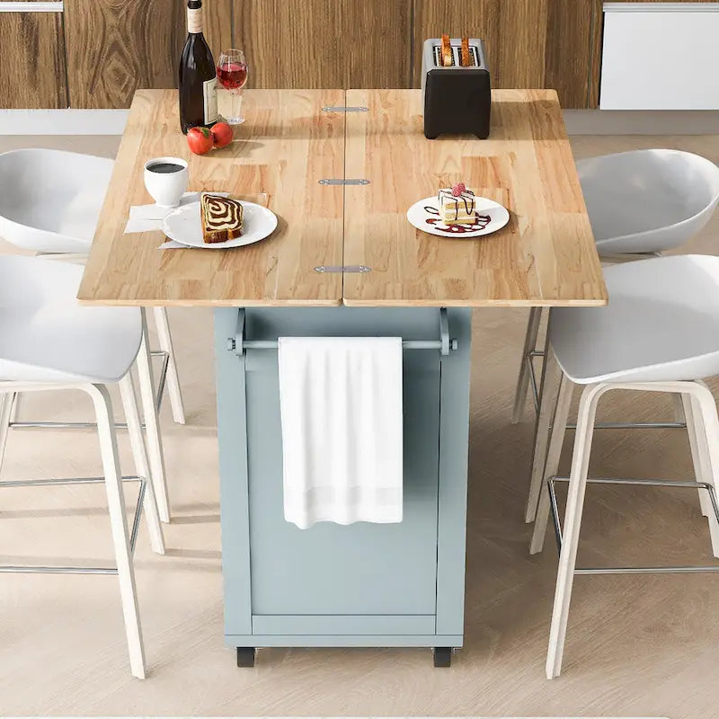 Îlot de cuisine avec plan de travail pliable, desserte de rangement de cuisine avec étagère coulissante, porte-serviettes et tiroir, roulettes.