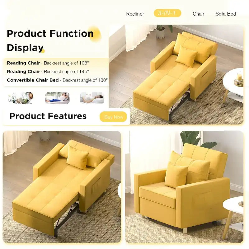 Fauteuil convertible 3-en-1, plusieurs coloris, une place