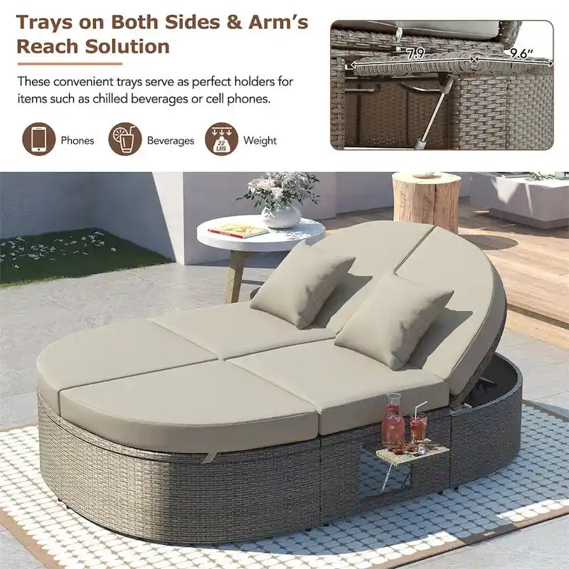 Lit de soleil extérieur double pour terrasse avec coussins et oreillers