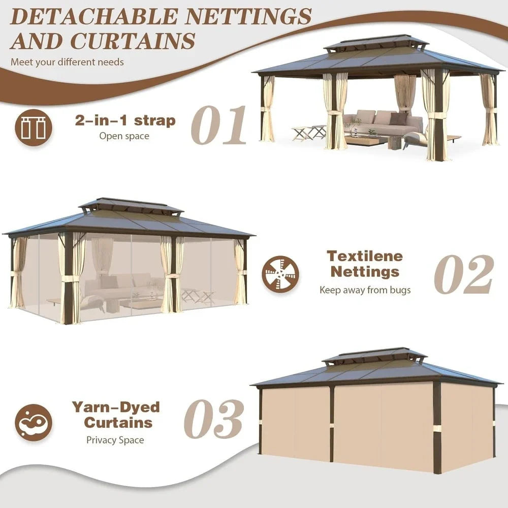 Tonnelle EROMMY à toit rigide, pergola extérieure avec double toit, moustiquaire et rideaux, auvent robuste pour patio, jardin, fête au bord de la piscine