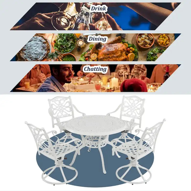 Ensemble de salle à manger d'extérieur 5 pièces en fonte d'aluminium avec 4 chaises pivotantes
