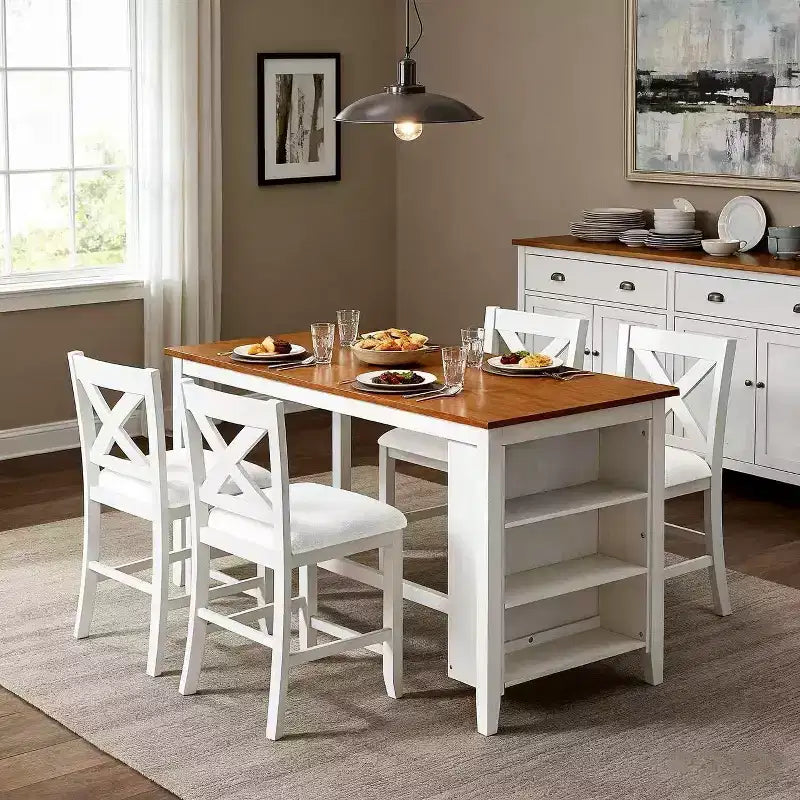 Ensemble table et chaises Homy Casa 5 pièces hauteur comptoir avec étagères de rangement, blanc et noyer, style ferme moderne