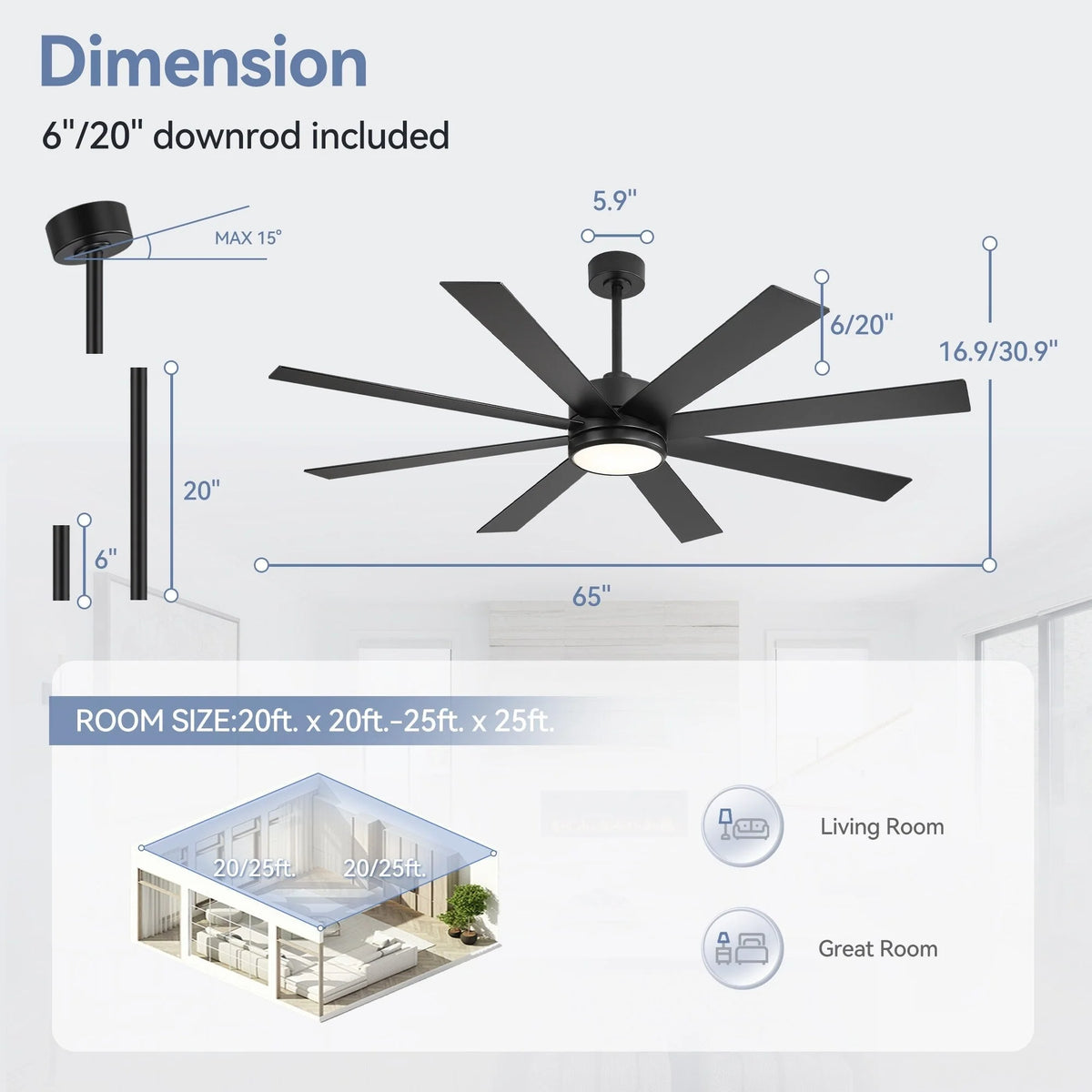 Ventilateur de plafond de 65 pouces à 8 pales noires avec lumière LED et télécommande