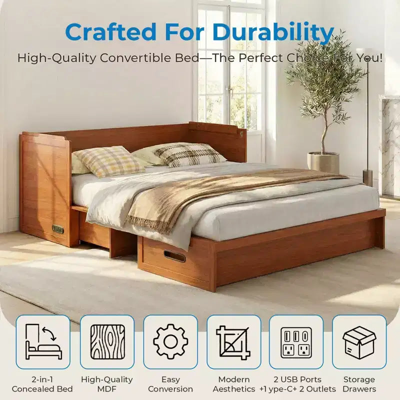 Lit armoire escamotable convertible Mjkone Queen Size avec chargement USB, tiroirs de rangement, matelas non inclus