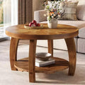 Table basse ronde en bois massif Lantine, table centrale à 2 niveaux avec rangement, plateau de 80 cm avec motif mosaïque, assemblage facile, pour salon, marron