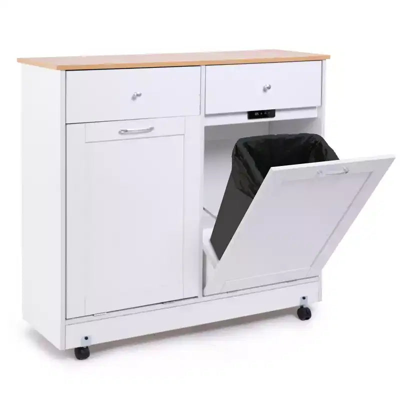 Meuble de cuisine EROMMY à double inclinaison avec 2 tiroirs, meuble poubelle avec rangement sur roulettes, blanc