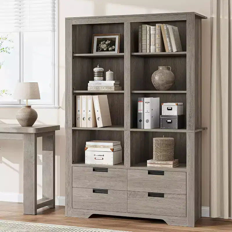 Bibliothèque haute de 72 po avec 4 tiroirs, étagère de rangement autoportante de style campagnard pour chambre à coucher, salon, bureau à domicile