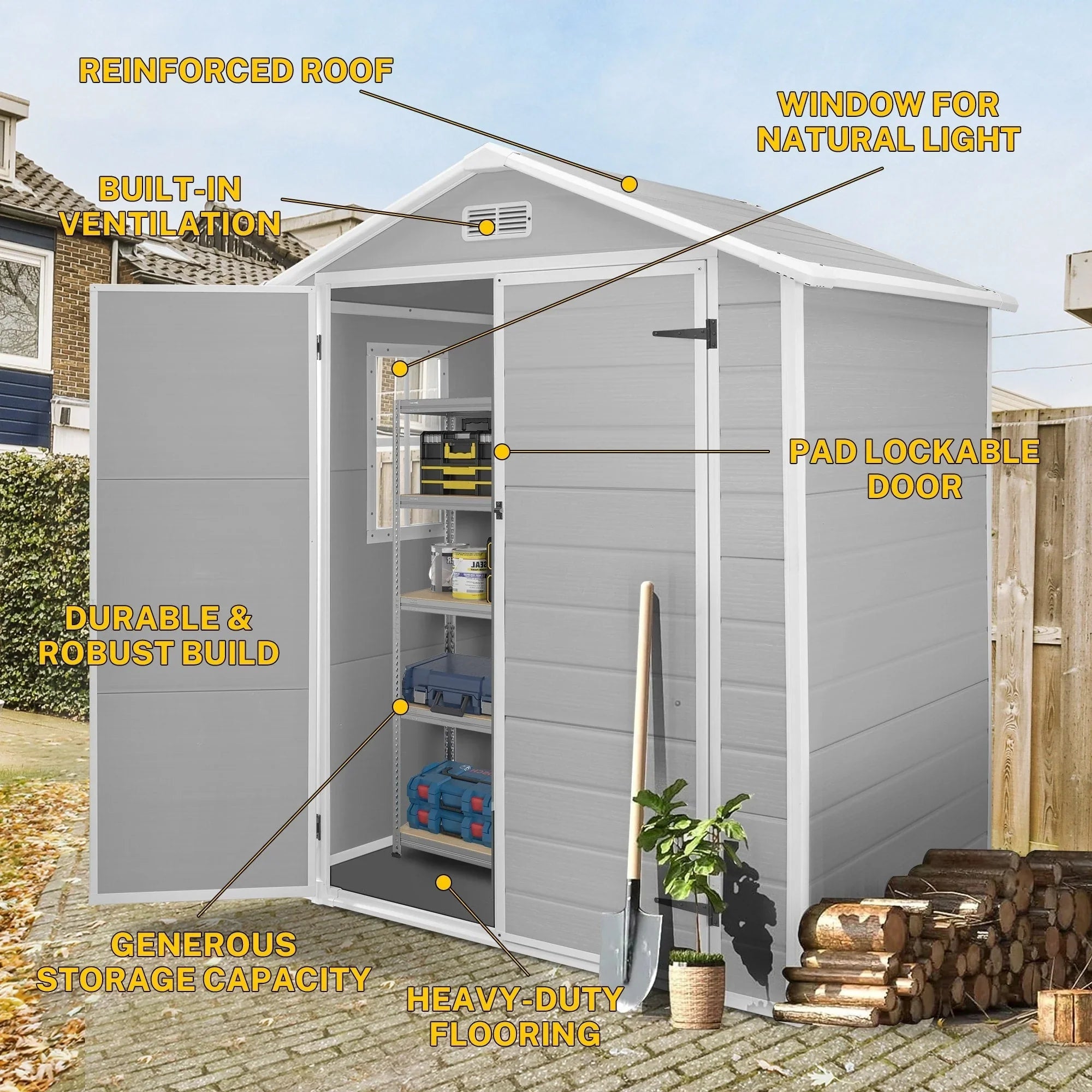 Abri de jardin en résine toutes saisons avec plancher, 1,8 m x 1,2 m/1,8 m x 2,4 m/2,4 m x 1,8 m/2,4 m x 3 m, Spire Tool Shed