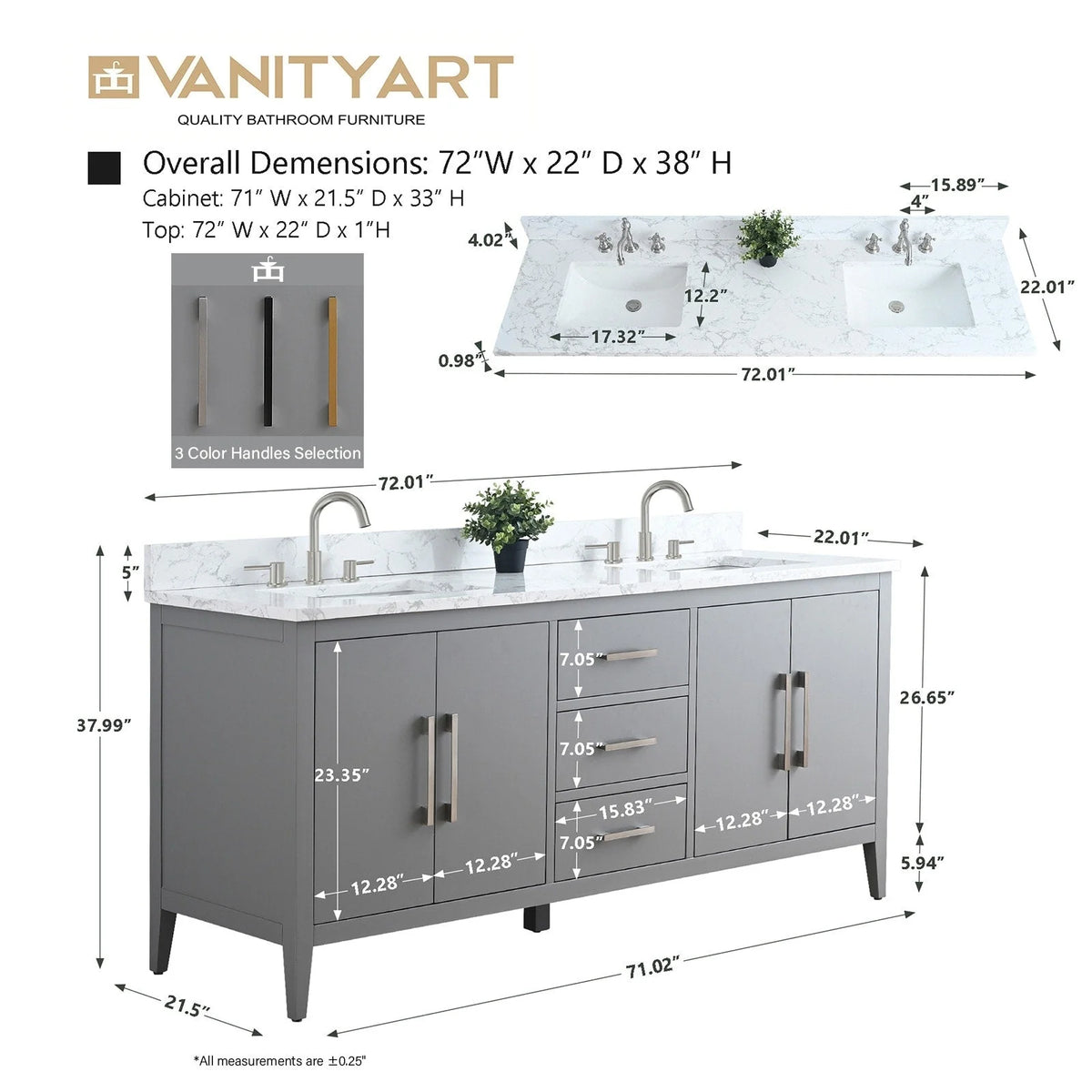 Meuble-lavabo de salle de bain Vanity Art 72 po à double vasque avec dessus en marbre reconstitué