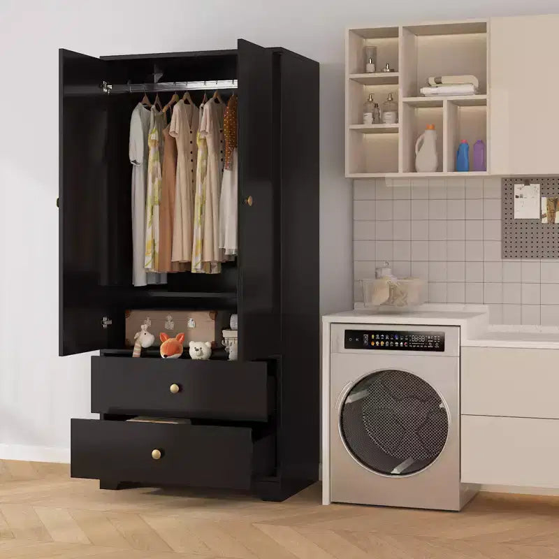 Armoire de chambre moderne en bois de 180 cm avec 2 portes, 2 tiroirs, étagères réglables, armoire de rangement pour vêtements et tringle à vêtements