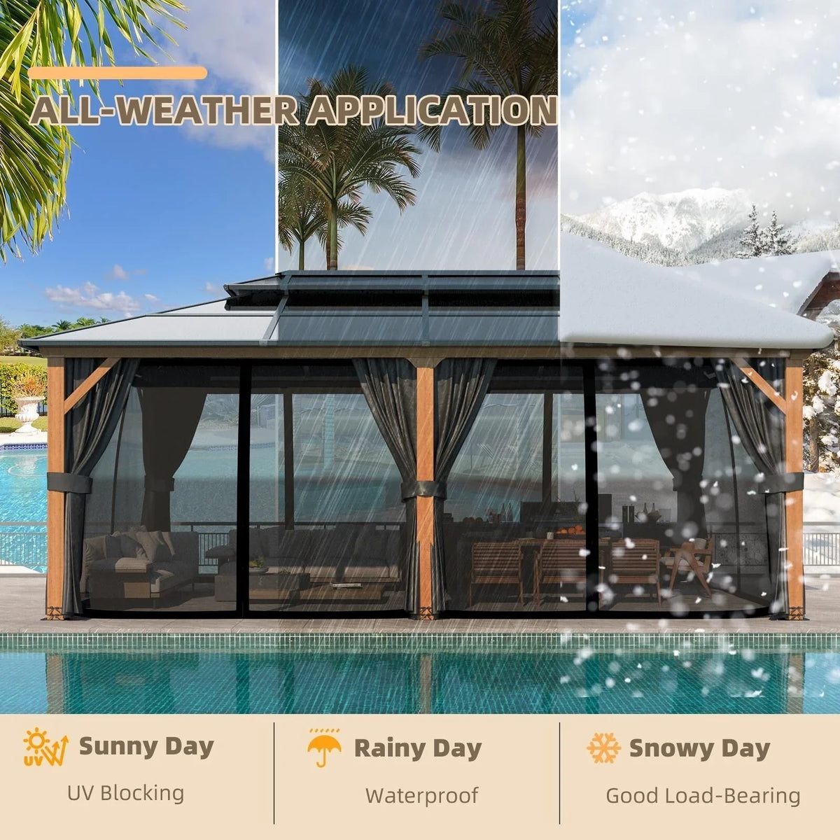 Tonnelle EROMMY à toit rigide, pergola extérieure avec double toit, moustiquaire et rideaux, auvent robuste pour patio, jardin, fête au bord de la piscine