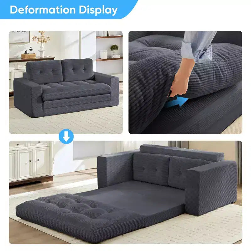 Mjkone Canapé-Lit Futon Convertible 2-en-1 180 cm, Canapé Deux Places Pliable en Tissu Côtelé avec Boutons Touffetés, Idéal pour Petits Espaces