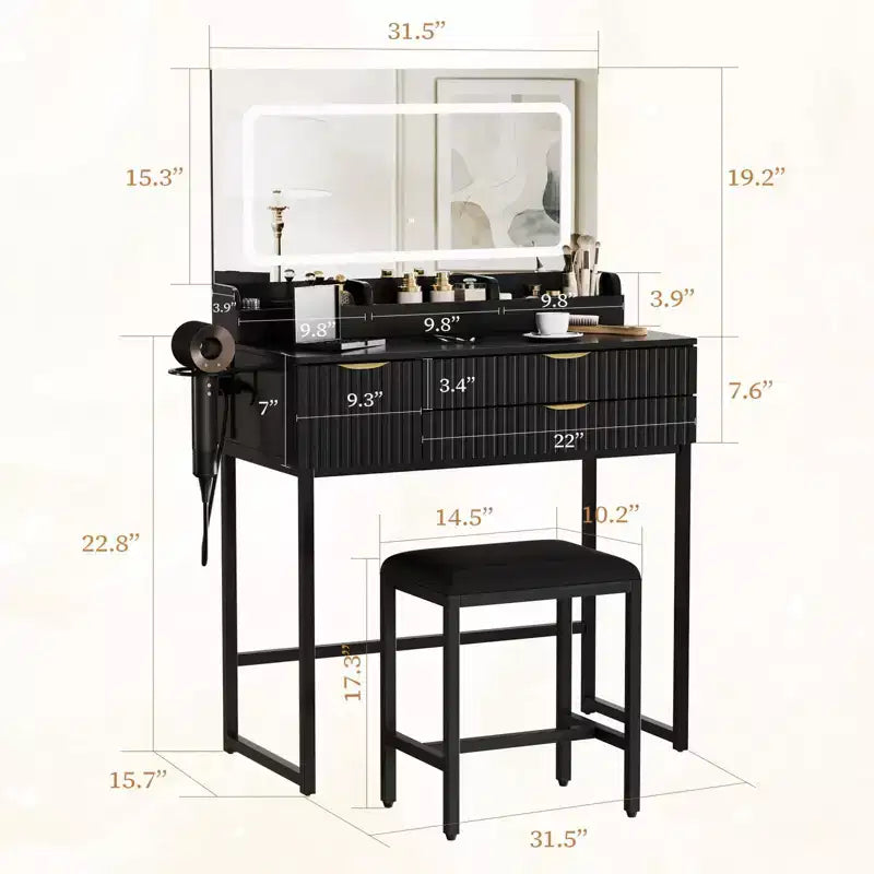 Coiffeuse avec miroir et lumières, miroir lumineux à LED, tiroirs de rangement spacieux pour produits cosmétiques et articles de toilette