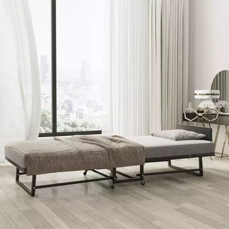 Lit pliant avec matelas, Lits d'appoint portables avec 4 roulettes, Matelas en mousse et cadre en métal, Lit pliant compact de taille berceau