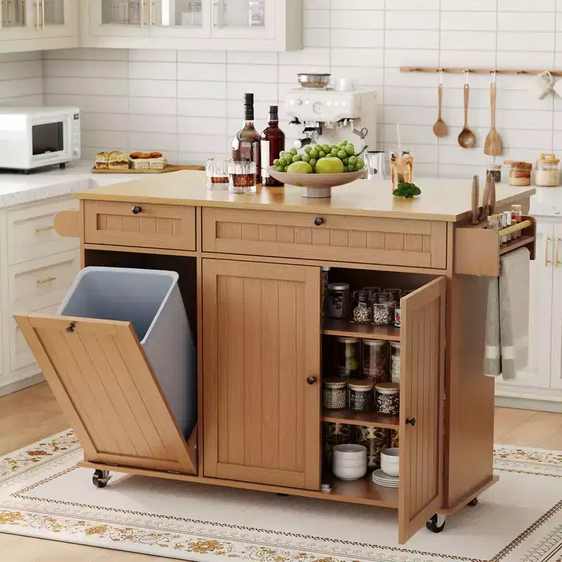 Table îlot mobile 55 avec prise de courant et abattant, chariot de cuisine roulant avec poubelle intégrée pour cuisine