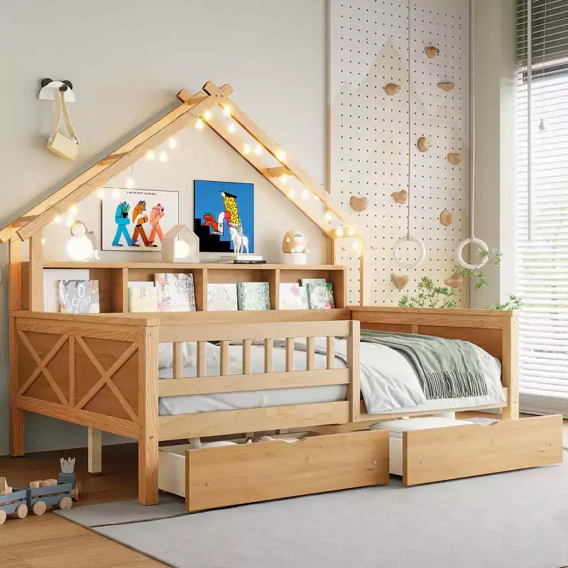 Cadre de lit maison pleine grandeur avec tiroirs, lit plate-forme maison avec lumières LED, étagères de rangement et tiroirs, lit de repos en bois avec toit et garde-corps