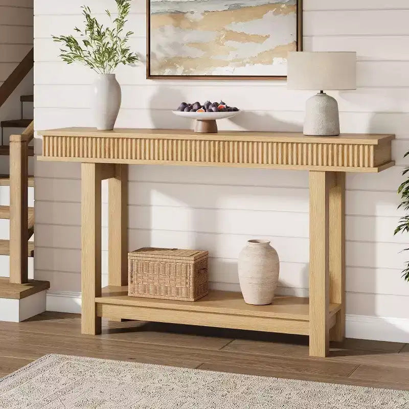 Console en bois cannelé de style campagnard, 2 niveaux avec étagère de rangement, table d'entrée rectangulaire étroite, derrière le canapé, pour hall d'entrée, couloir, salon