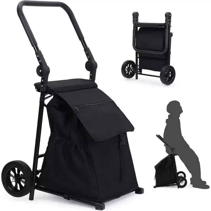 Chariot de transport pliable 2-en-1 Acekool avec sac étanche amovible, coussin d'assise épais et poignée antidérapante réglable, noir
